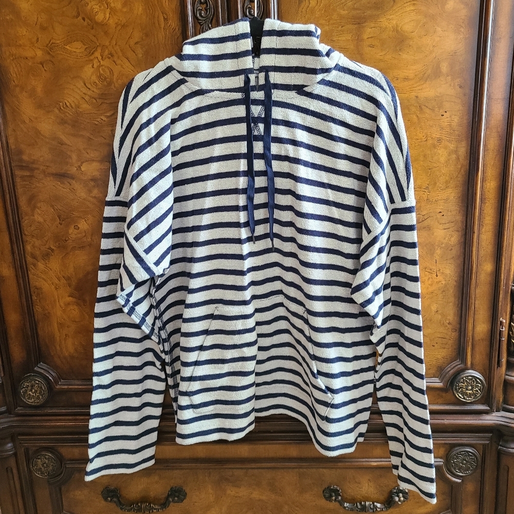 T By Alexander Wang Navy Striped Kangaroo Pocket Drawstring Hoodie
